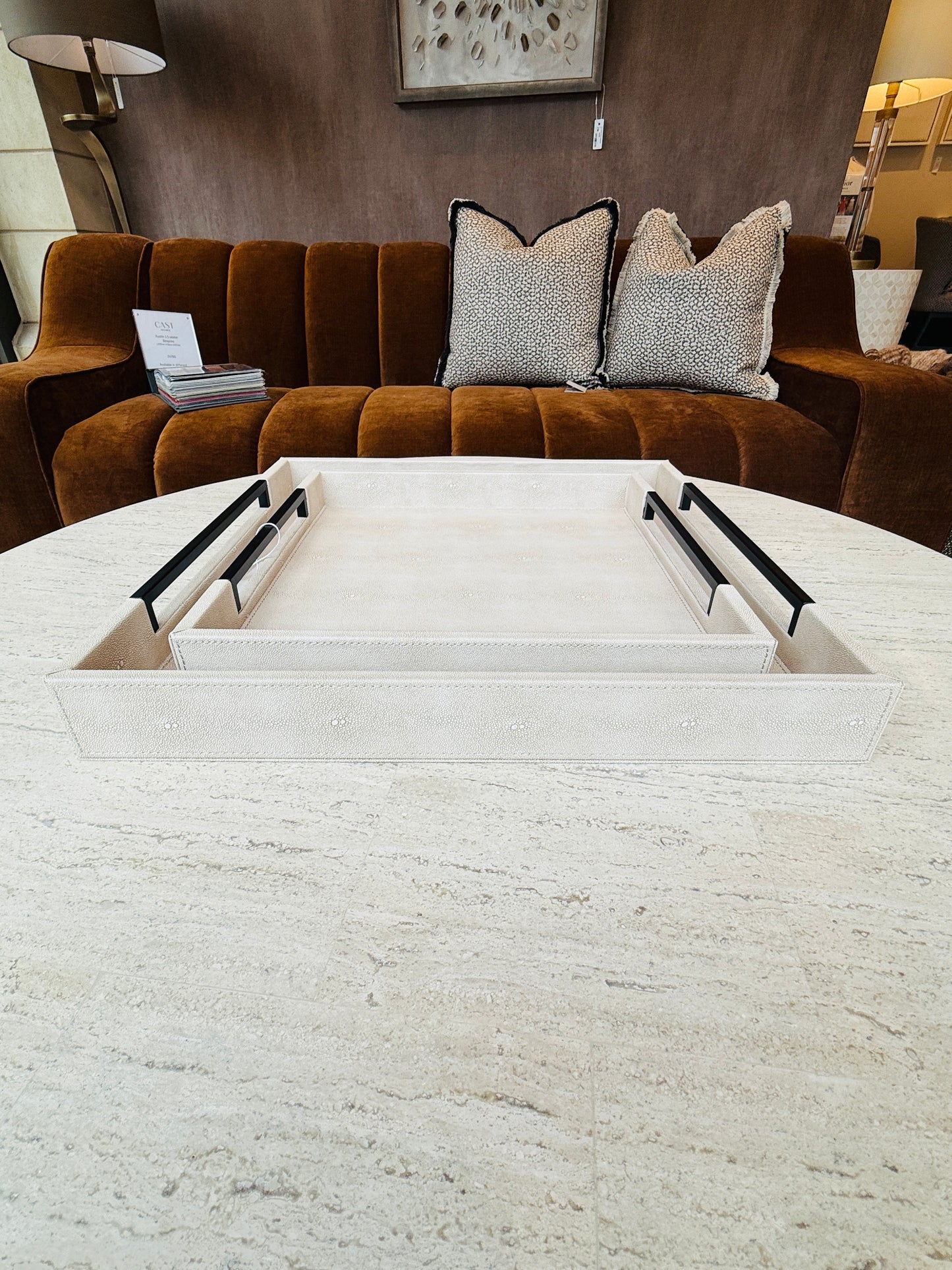 Set of 2 Ivory and Black Faux Shagreen Trays