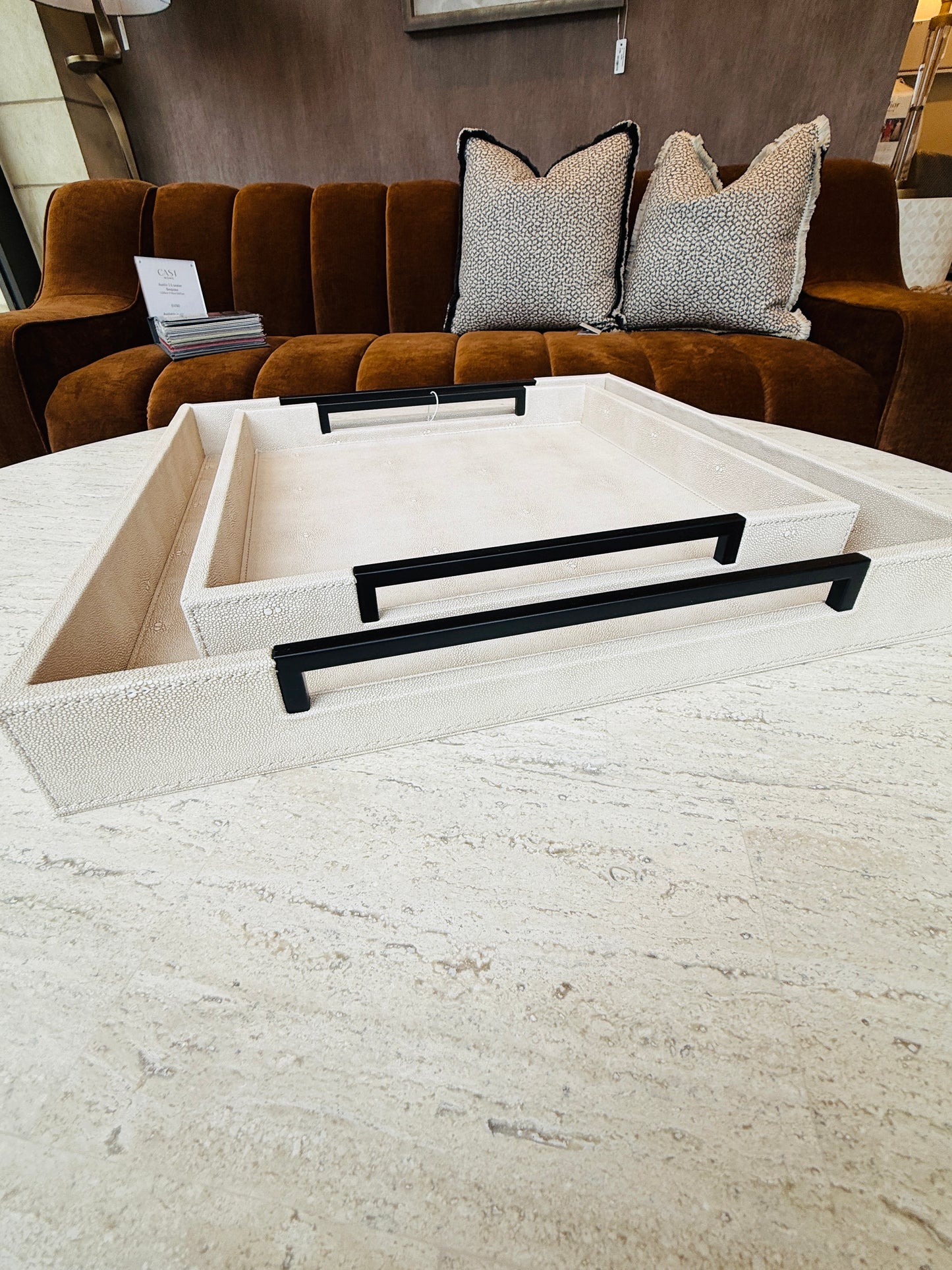 Set of 2 Ivory and Black Faux Shagreen Trays