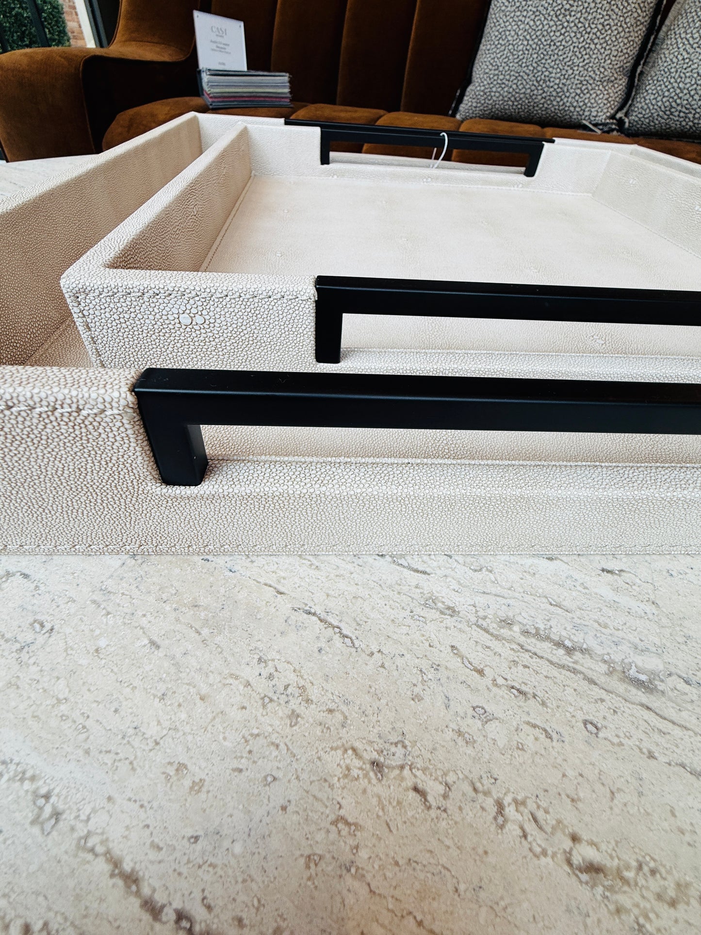 Set of 2 Ivory and Black Faux Shagreen Trays