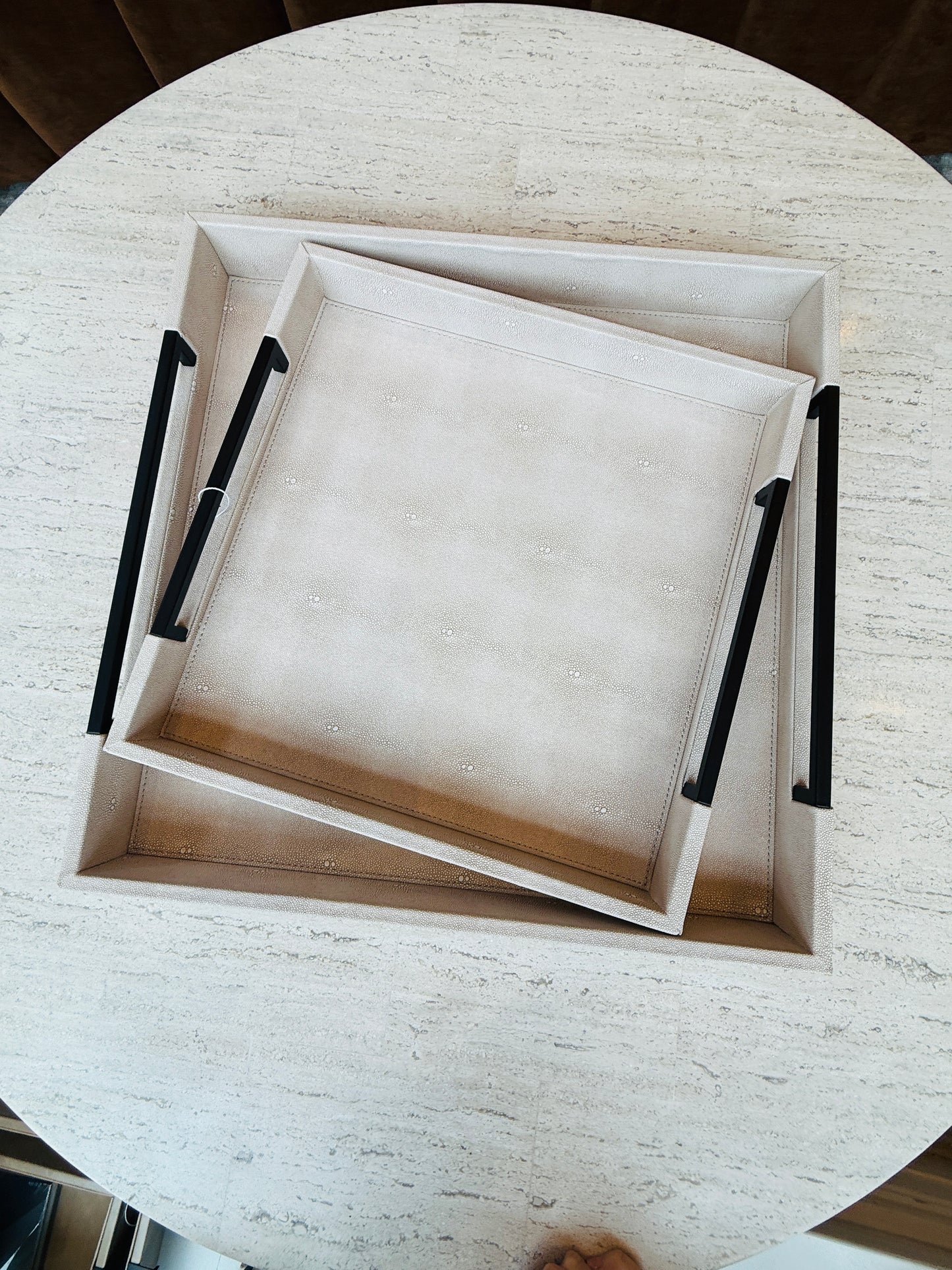 Set of 2 Ivory and Black Faux Shagreen Trays