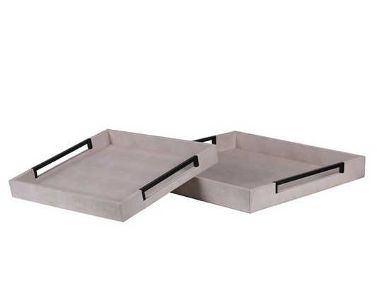 Set of 2 Ivory and Black Faux Shagreen Trays
