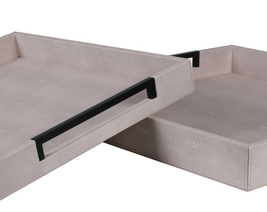 Set of 2 Ivory and Black Faux Shagreen Trays