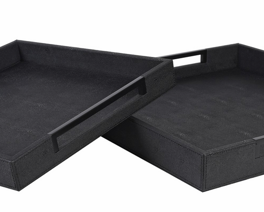 Set of 2 Black Faux Shagreen Trays