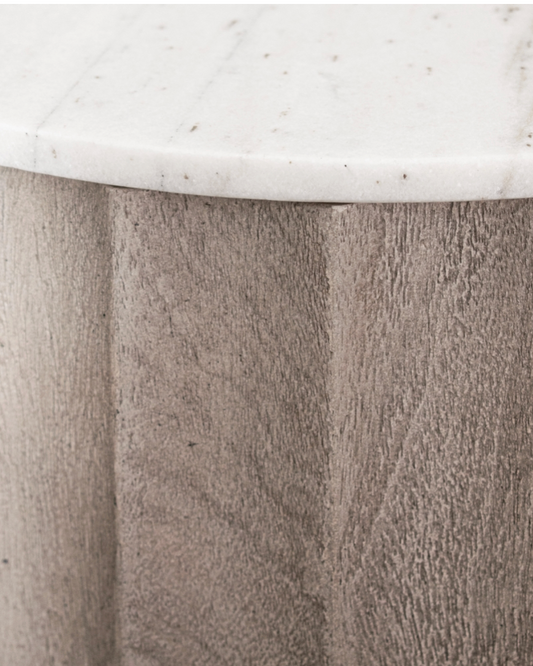 Fluted Washed Wood Side Table with Marble Top
