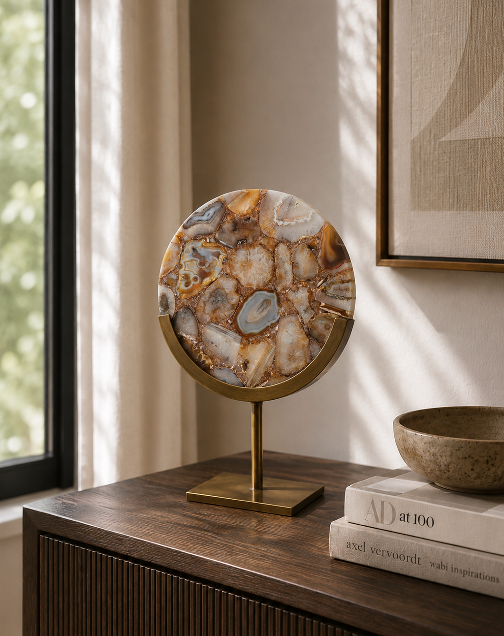 Brown/Yellow Agate & Antique Bronze Disc Sculpture - Small