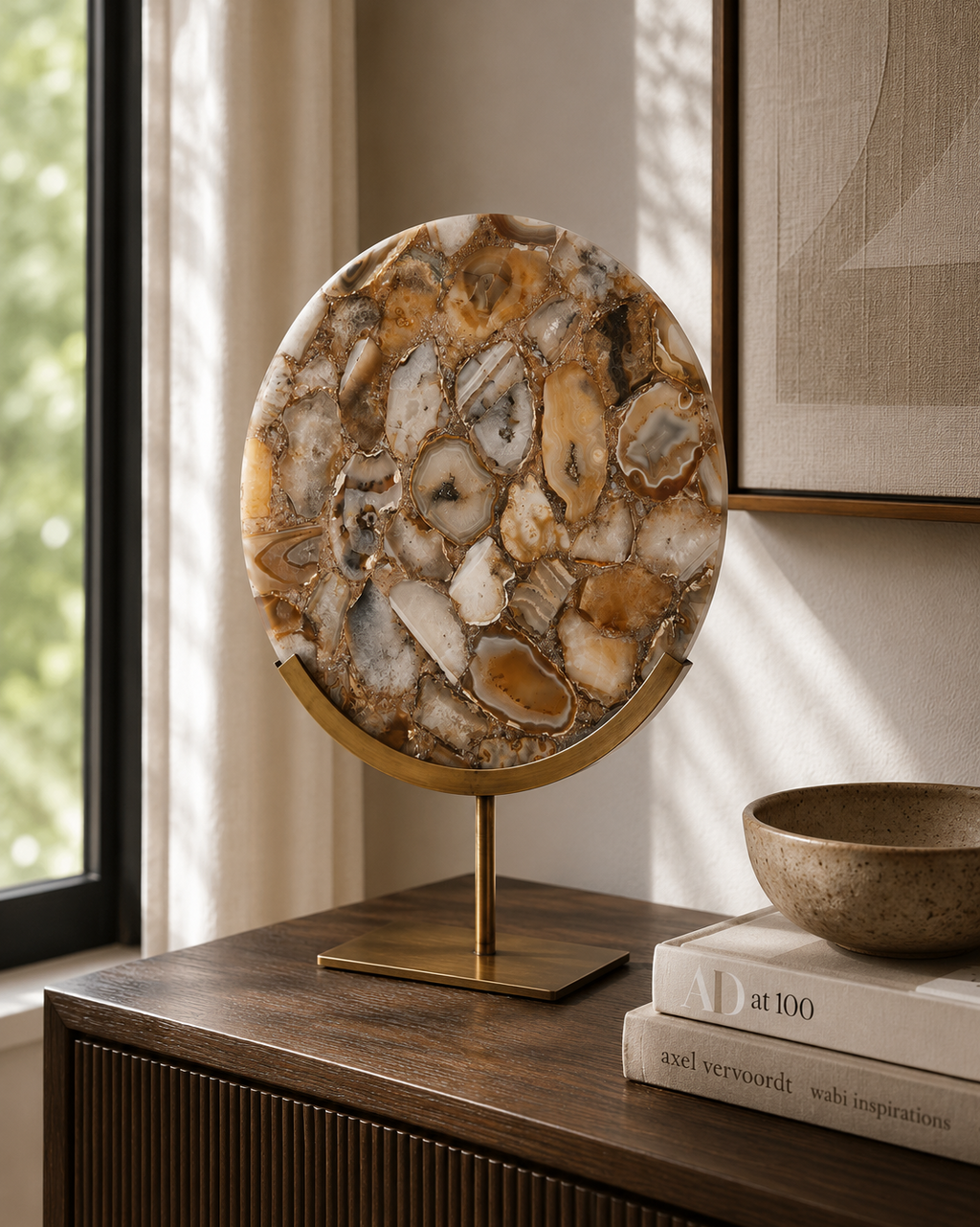 Brown/Yellow Agate & Antique Bronze Disc Sculpture - Meduim
