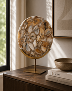 Brown/Yellow Agate & Antique Bronze Disc Sculpture - Meduim