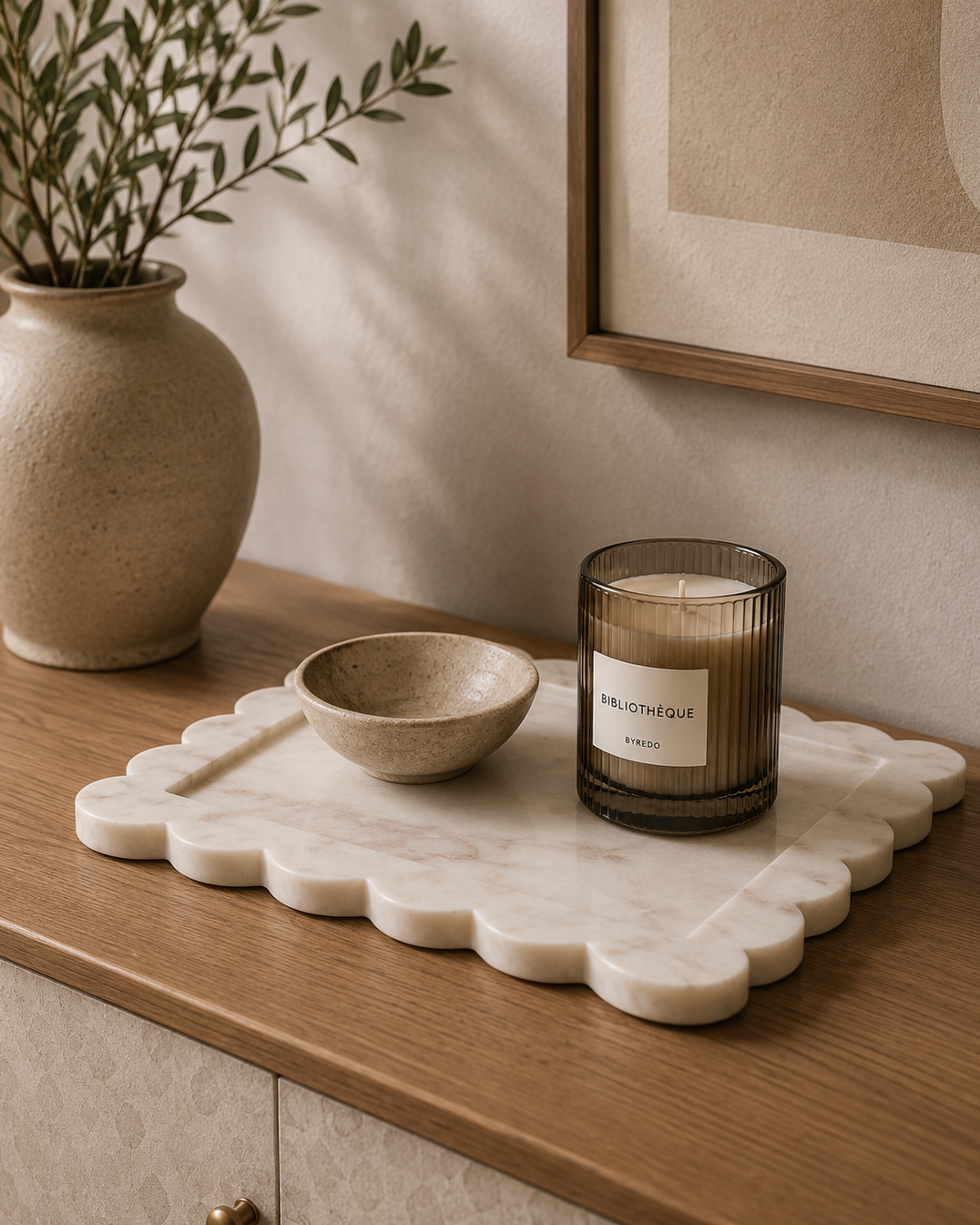 Savio White Marble Square Large Tray with Scallop Edges