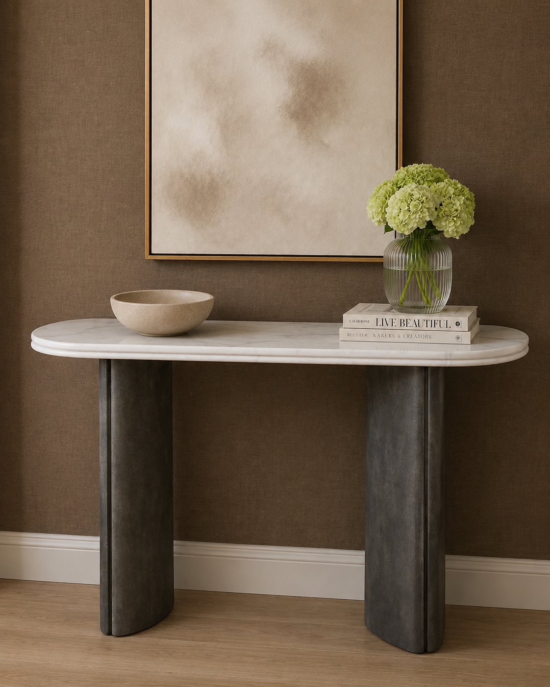 RV Astley Marble Top Console Table with  Grey wood Legs