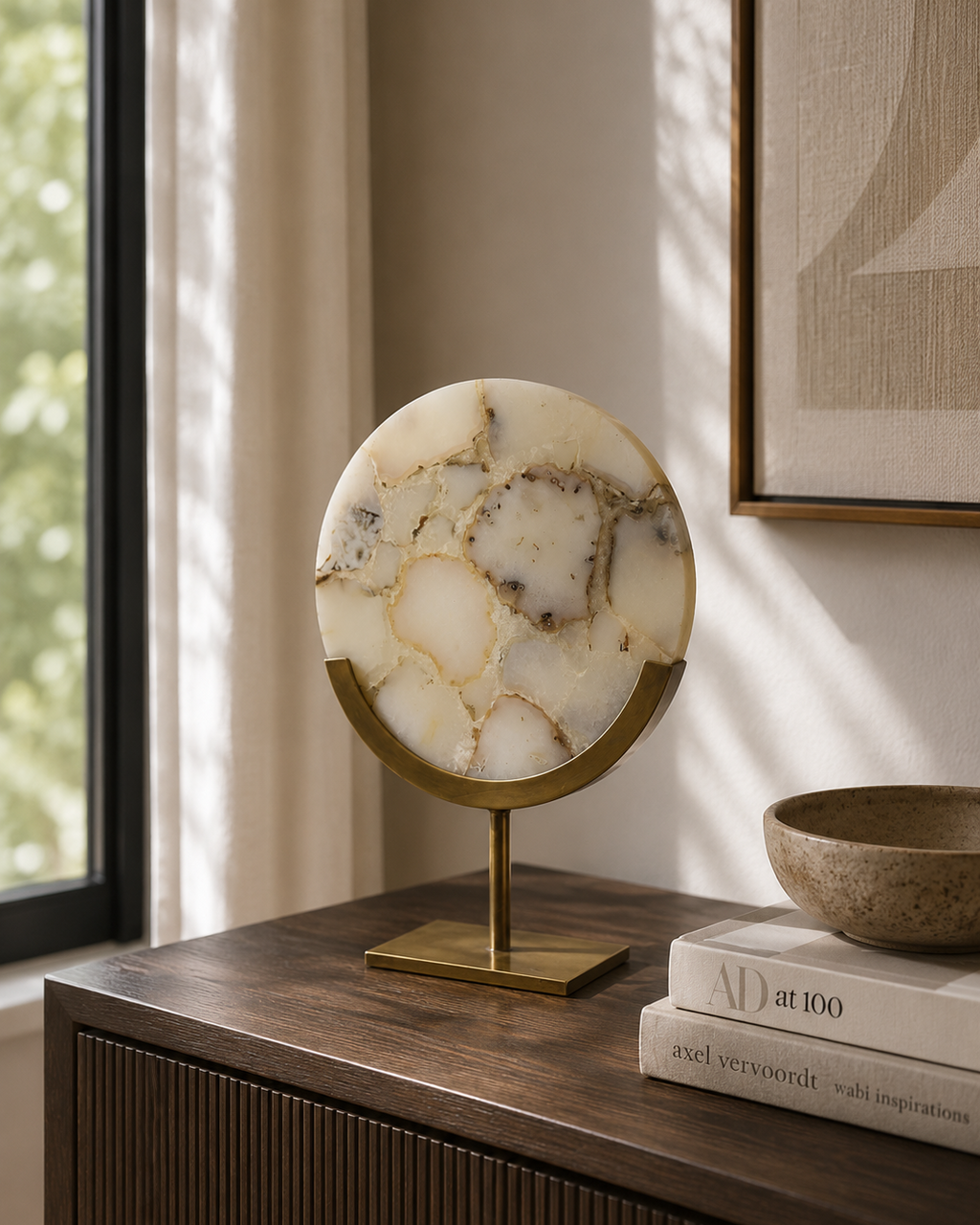 White Agate & Antique Brass Disc Sculpture - Small
