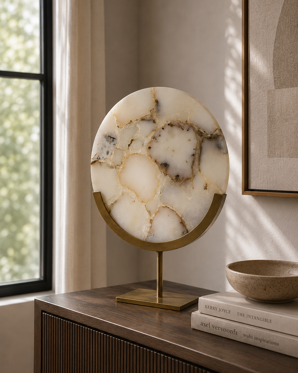 White Agate & Antique Brass Disc Sculpture - Meduim