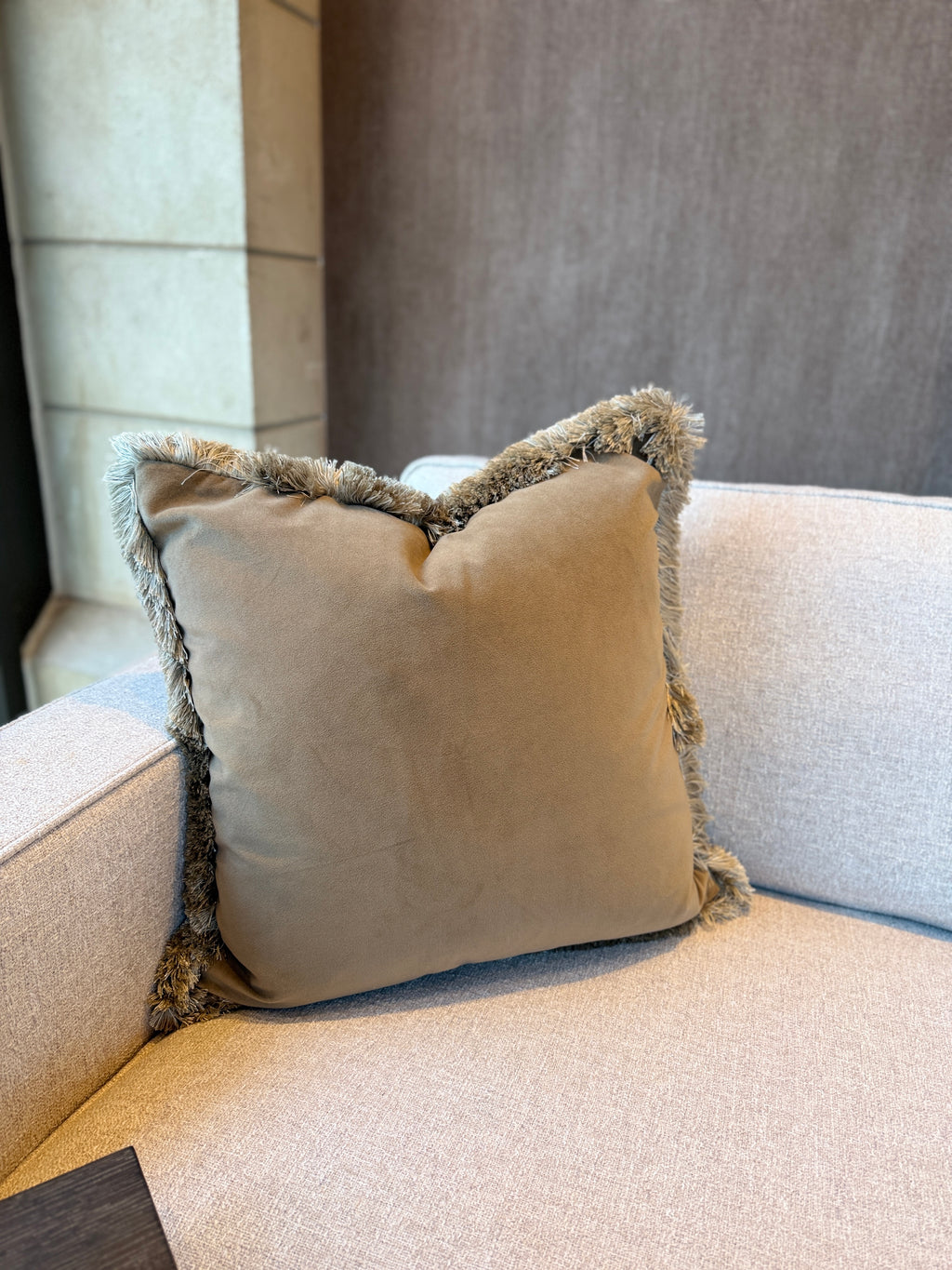 Bespoke Reversible Fringe Trim Cushion 22" Bark & Oatmeal