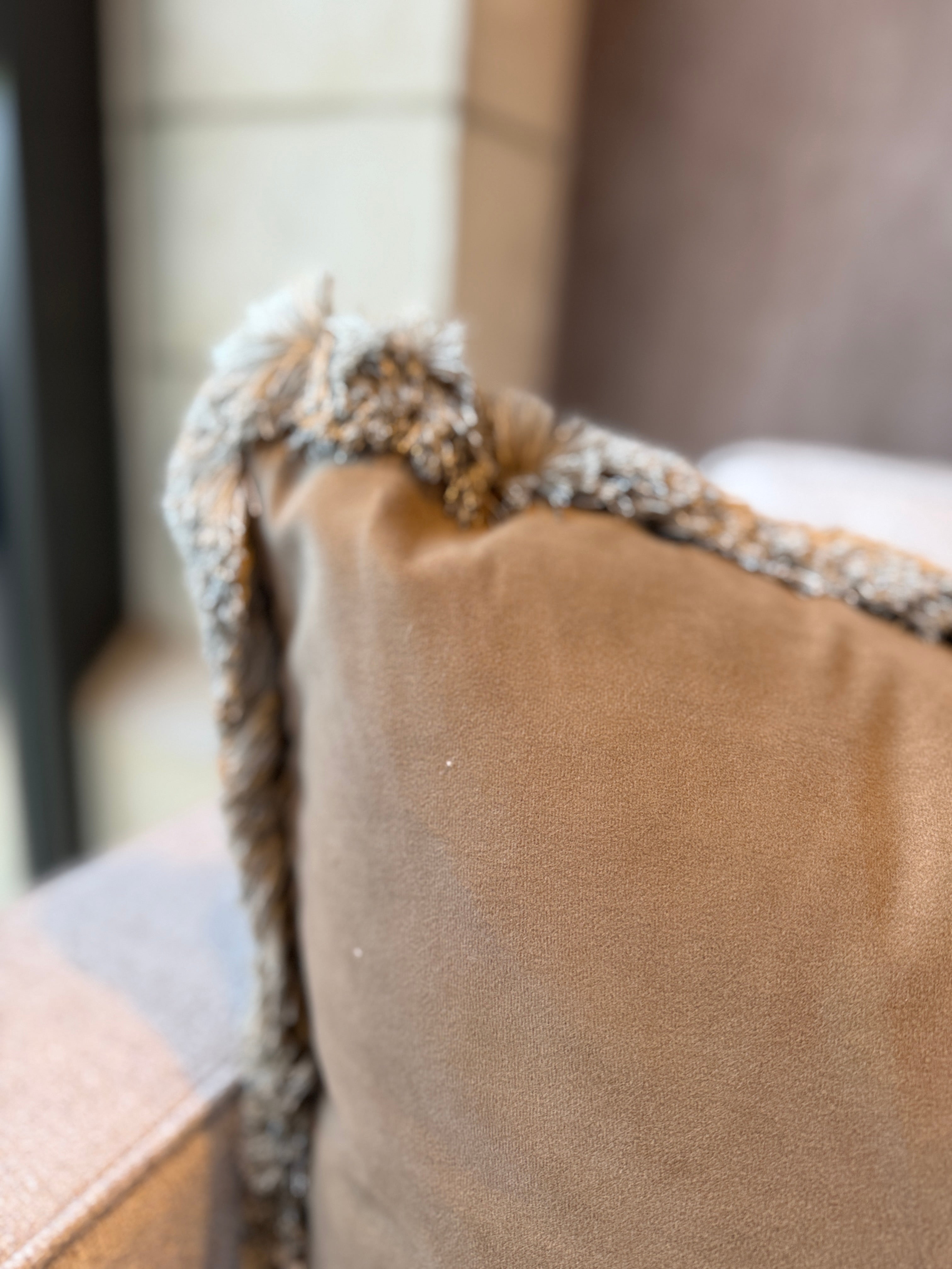 Bespoke Reversible Fringe Trim Cushion 22" Bark & Oatmeal