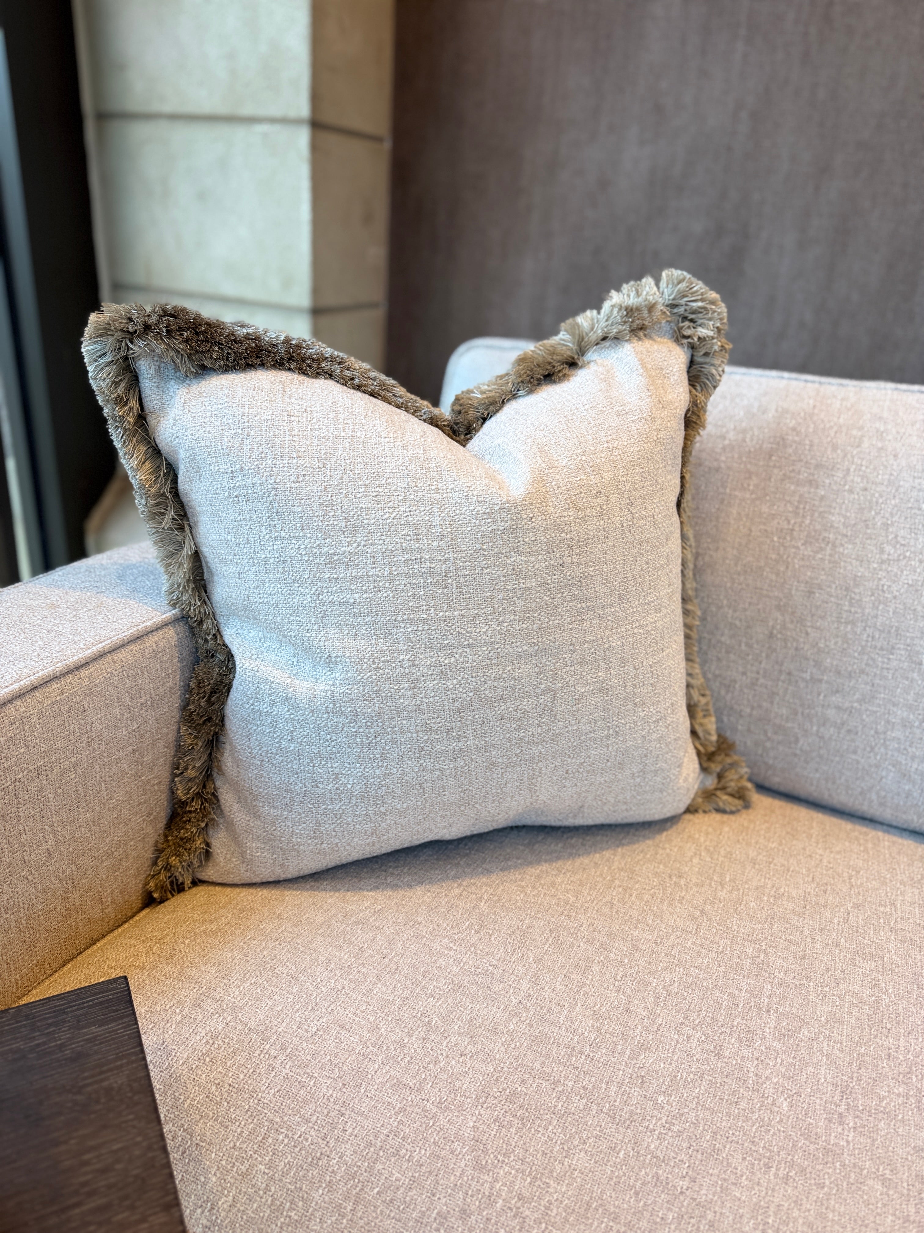 Bespoke Reversible Fringe Trim Cushion 22" Platinum & Oatmeal