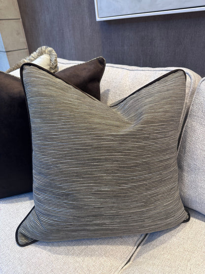 Bespoke Chocolate Soft Stripe Cushion with Contrast Velvet Pipe 22"