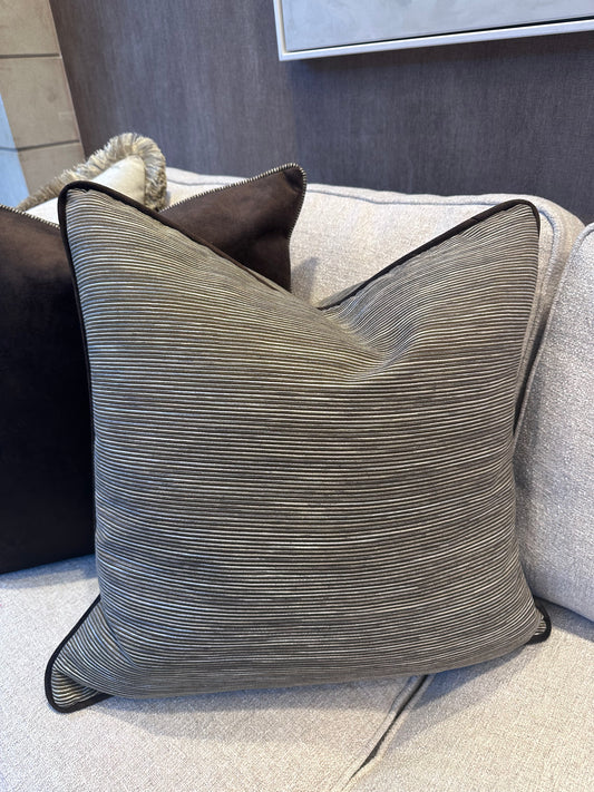 Bespoke Chocolate Soft Stripe Cushion with Contrast Velvet Pipe 22"