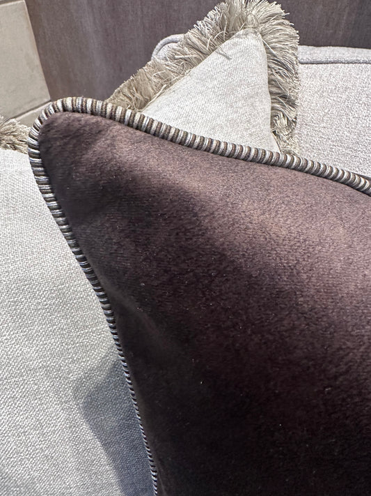 Bespoke Chocolate Velvet Cushion with Stripe Pipe 22"