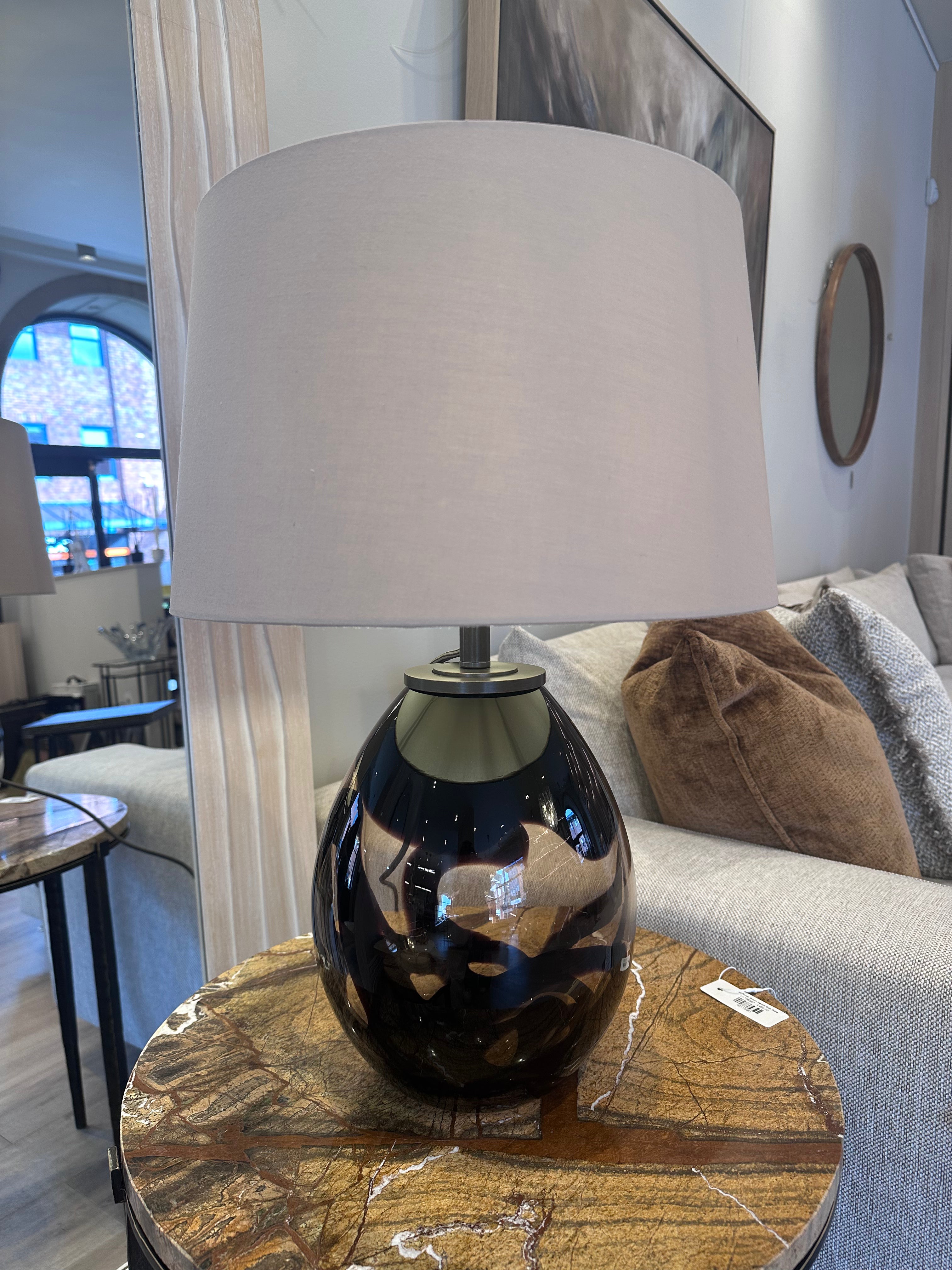 Amber & Black Glass Table Lamp with Taupe Shade
