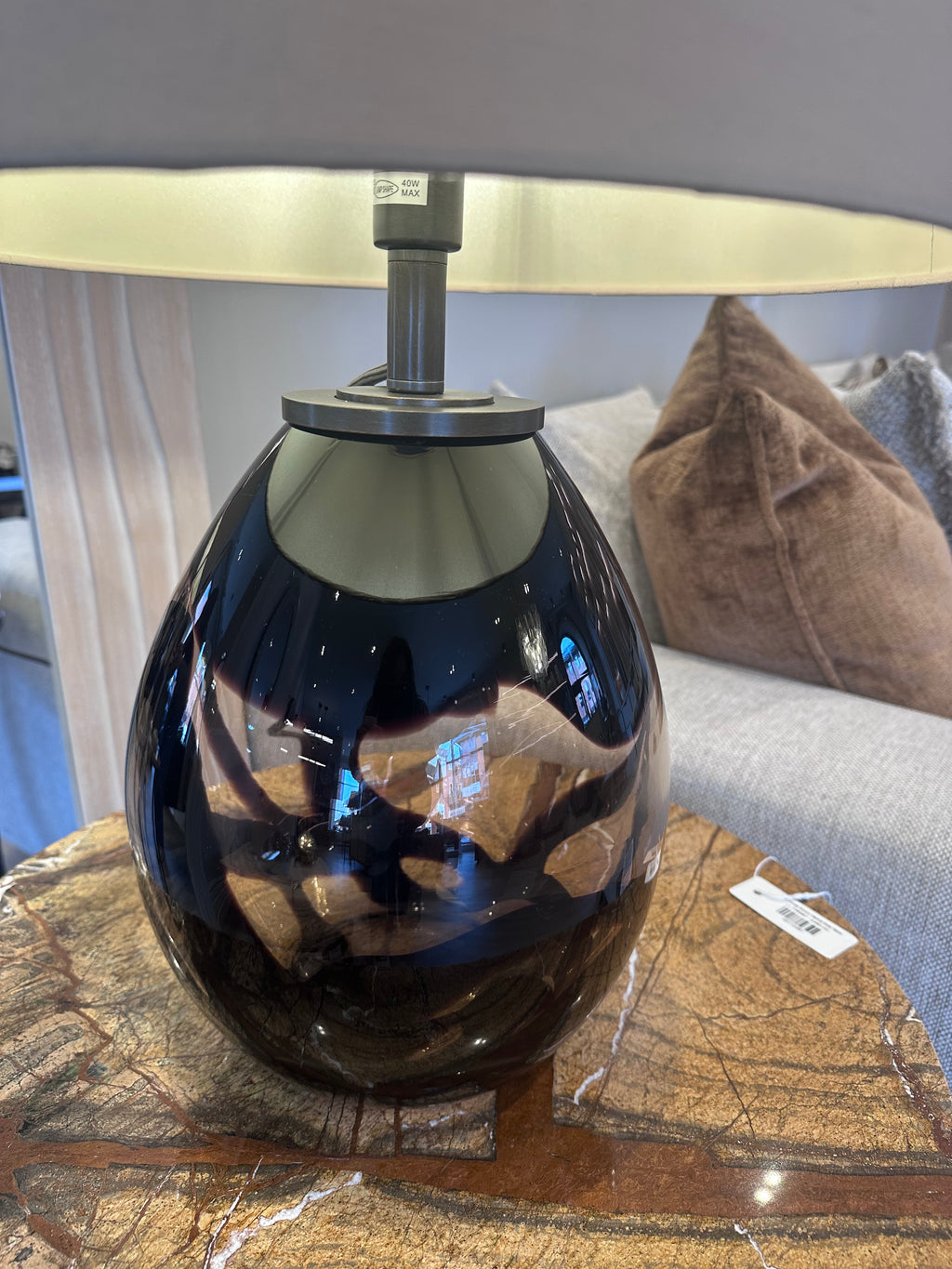 Amber & Black Glass Table Lamp with Taupe Shade