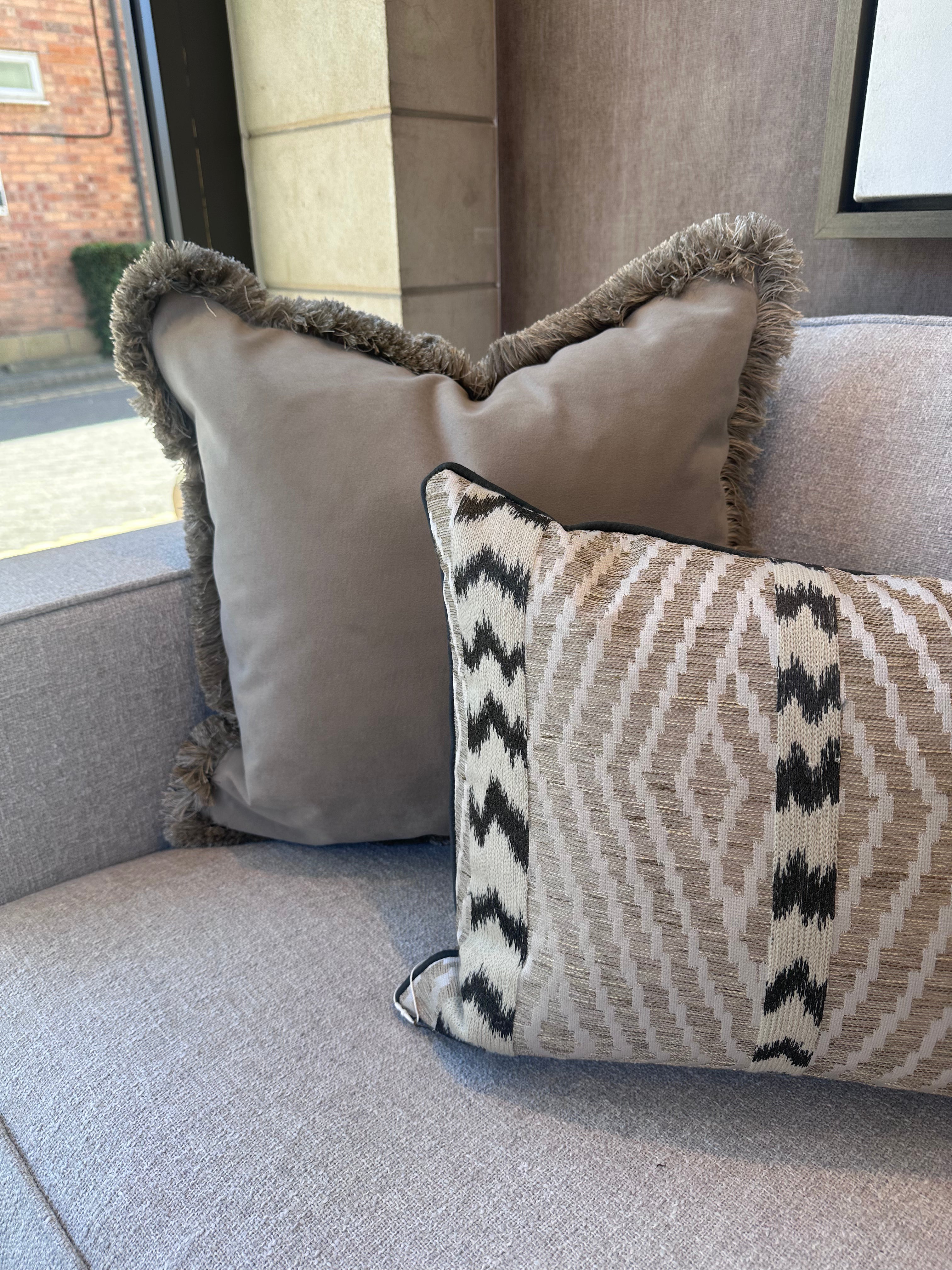 Bespoke Reversible Fringe Trim Cushion 22" Platinum & Oatmeal