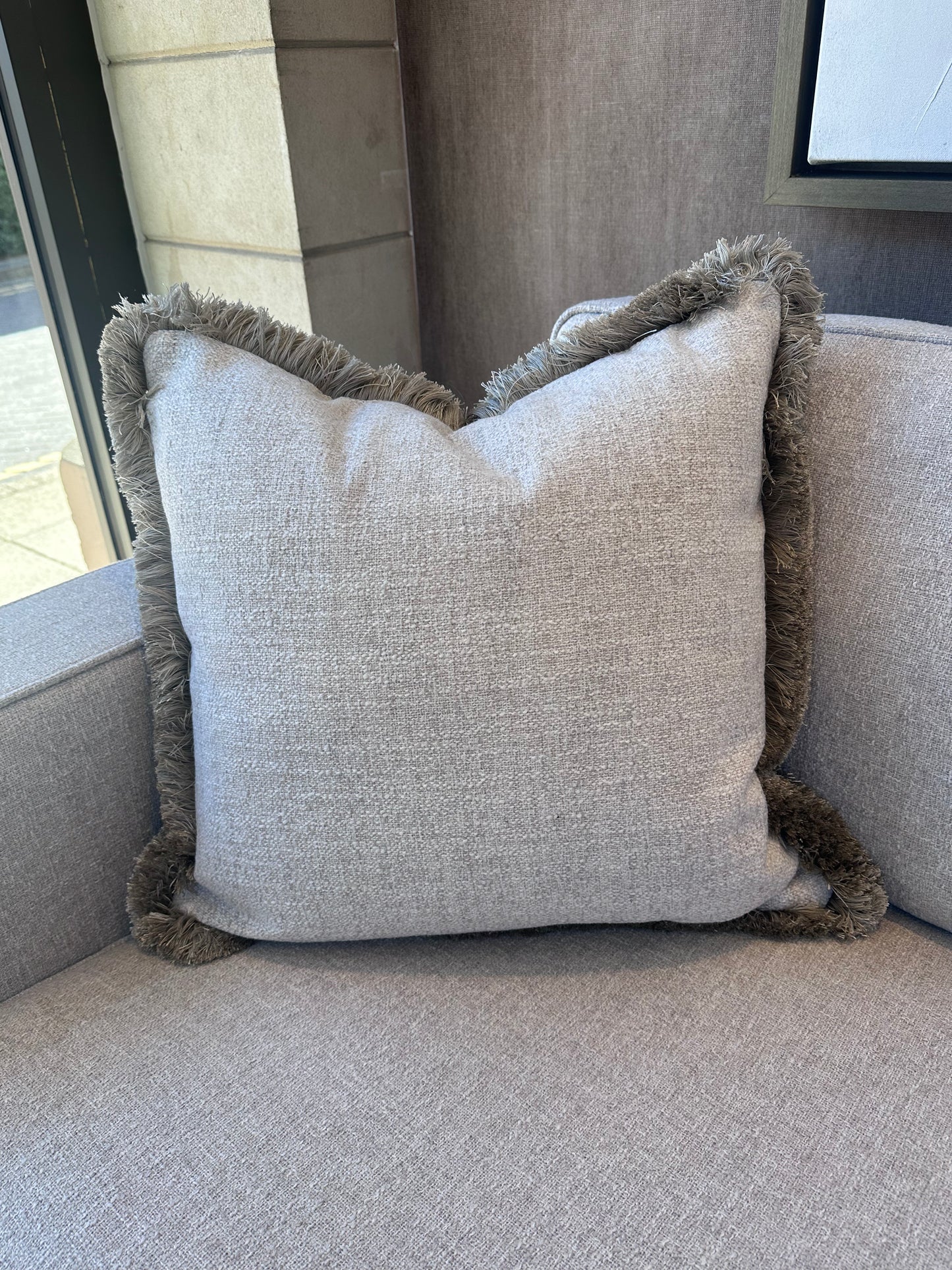 Bespoke Reversible Fringe Trim Cushion 22" Platinum & Oatmeal