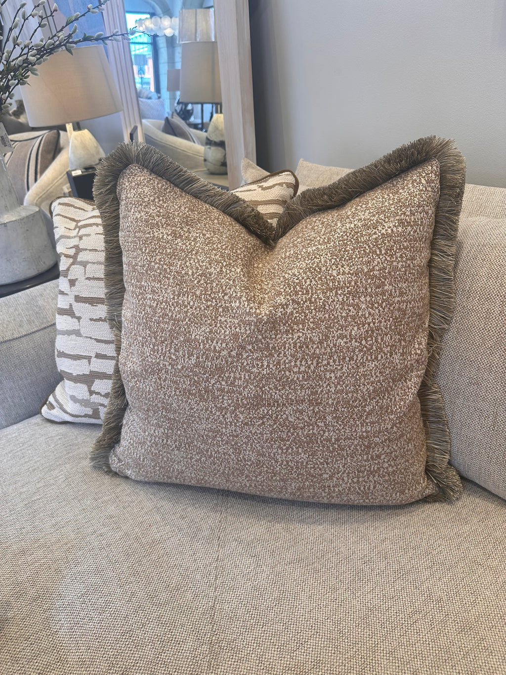 Bespoke Textured Cumin Bronze Fringe Cushion 22"