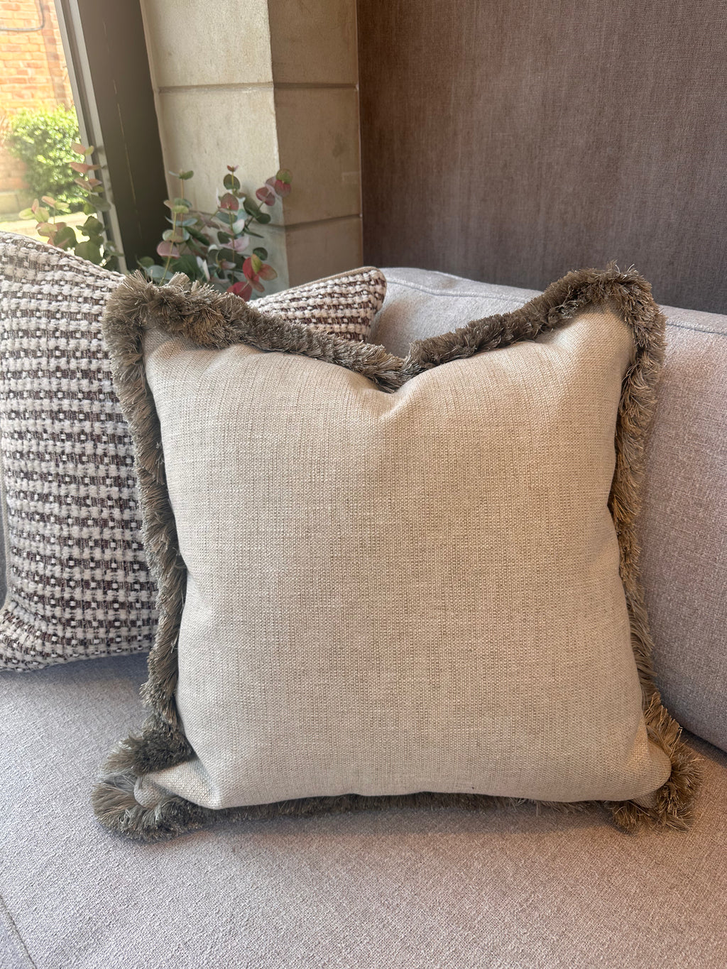 Bespoke Biseau Ecru Fringe Cushion 22"