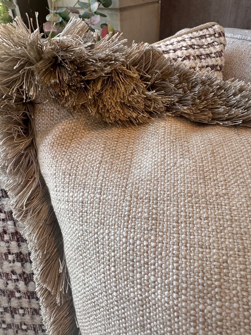 Bespoke Biseau Ecru Fringe Cushion 22"