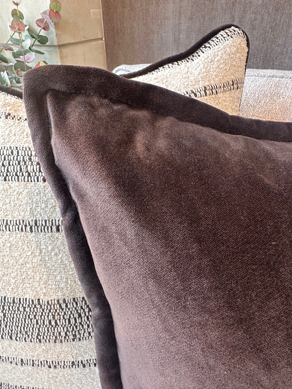 Bespoke Velvet Mocha Oxford Edge Cushion 22"