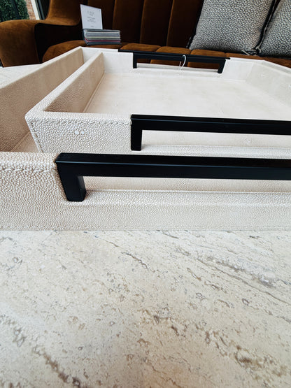 Set of 2 Ivory and Black Faux Shagreen Trays
