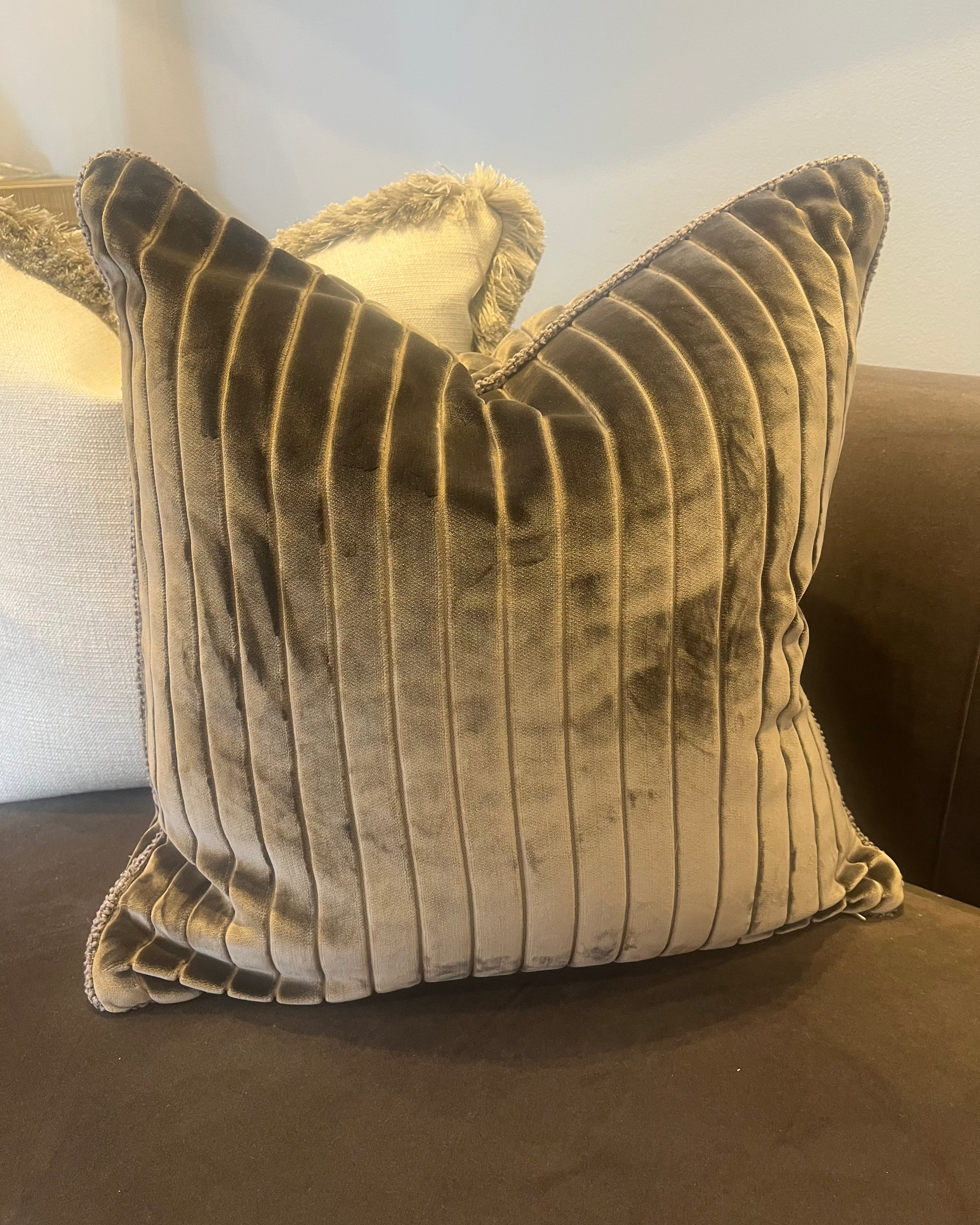 Bespoke Ribbed Chocolate Velvet 22 Inch cushion Piped in Mocca Textured Weave