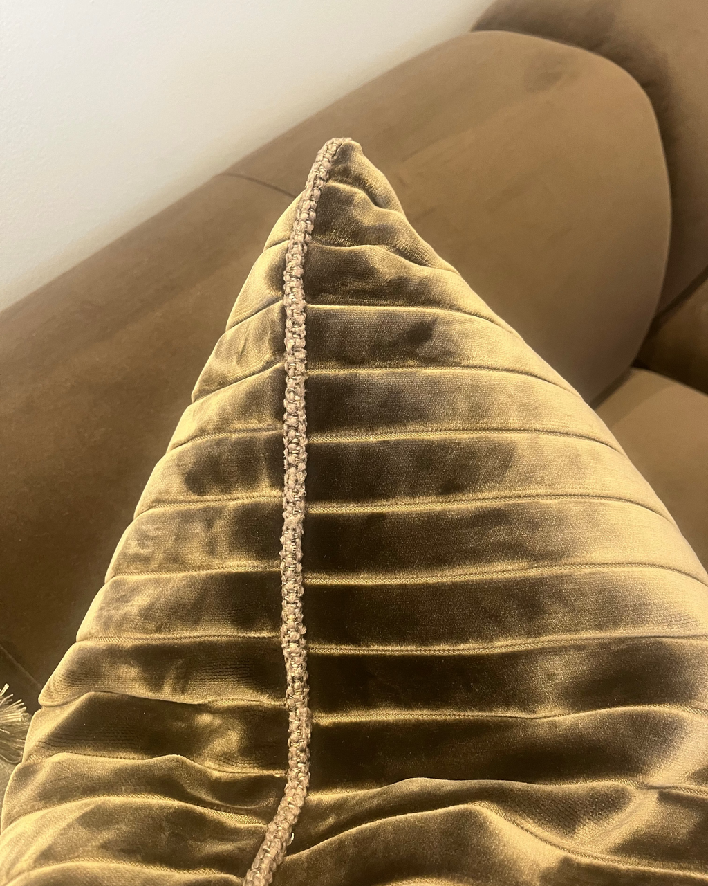 Bespoke Ribbed Chocolate Velvet 22 Inch cushion Piped in Mocca Textured Weave