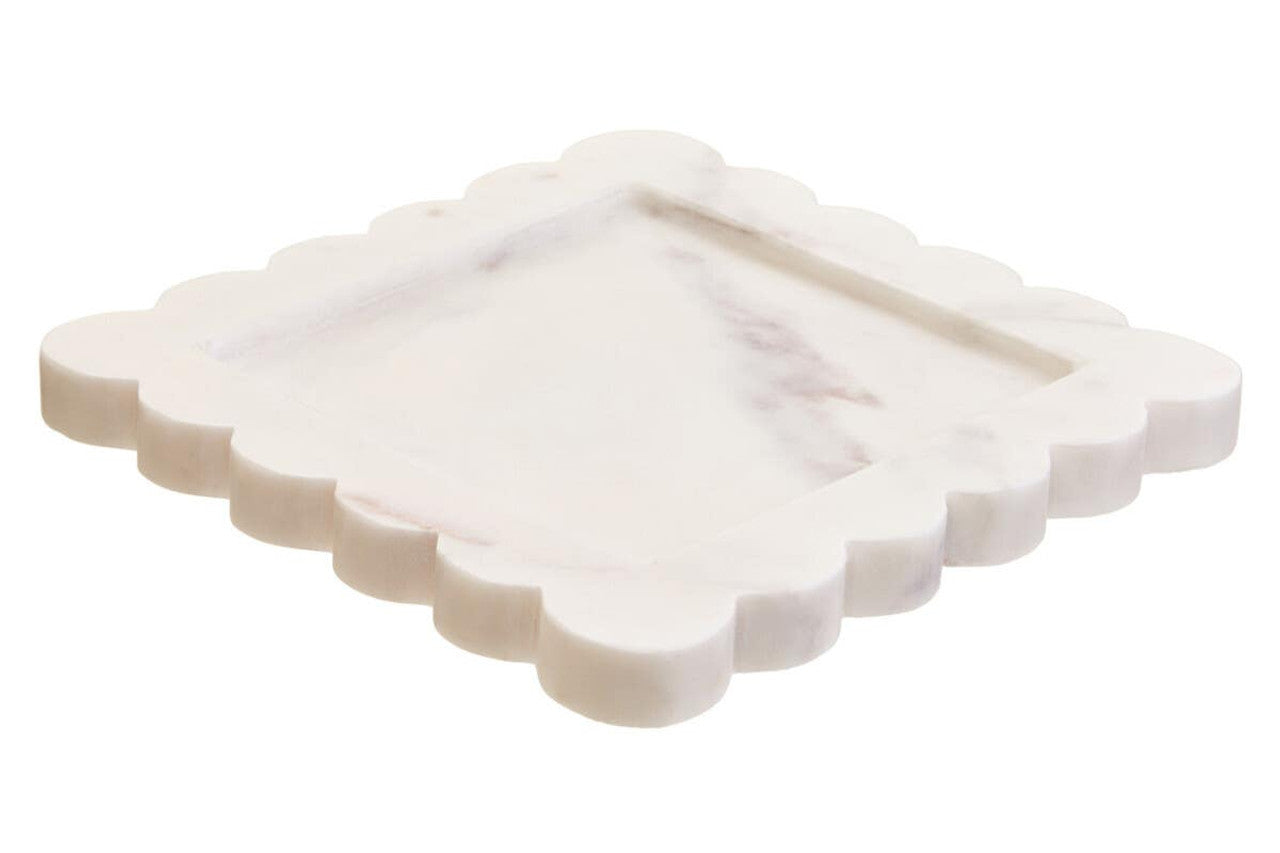 Savio White Marble Square Small Tray with Scallop Edges