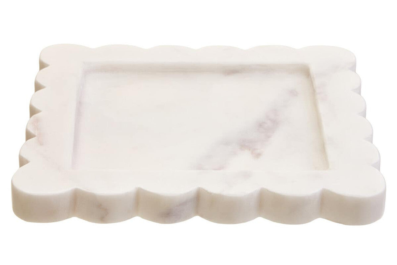 Savio White Marble Square Small Tray with Scallop Edges