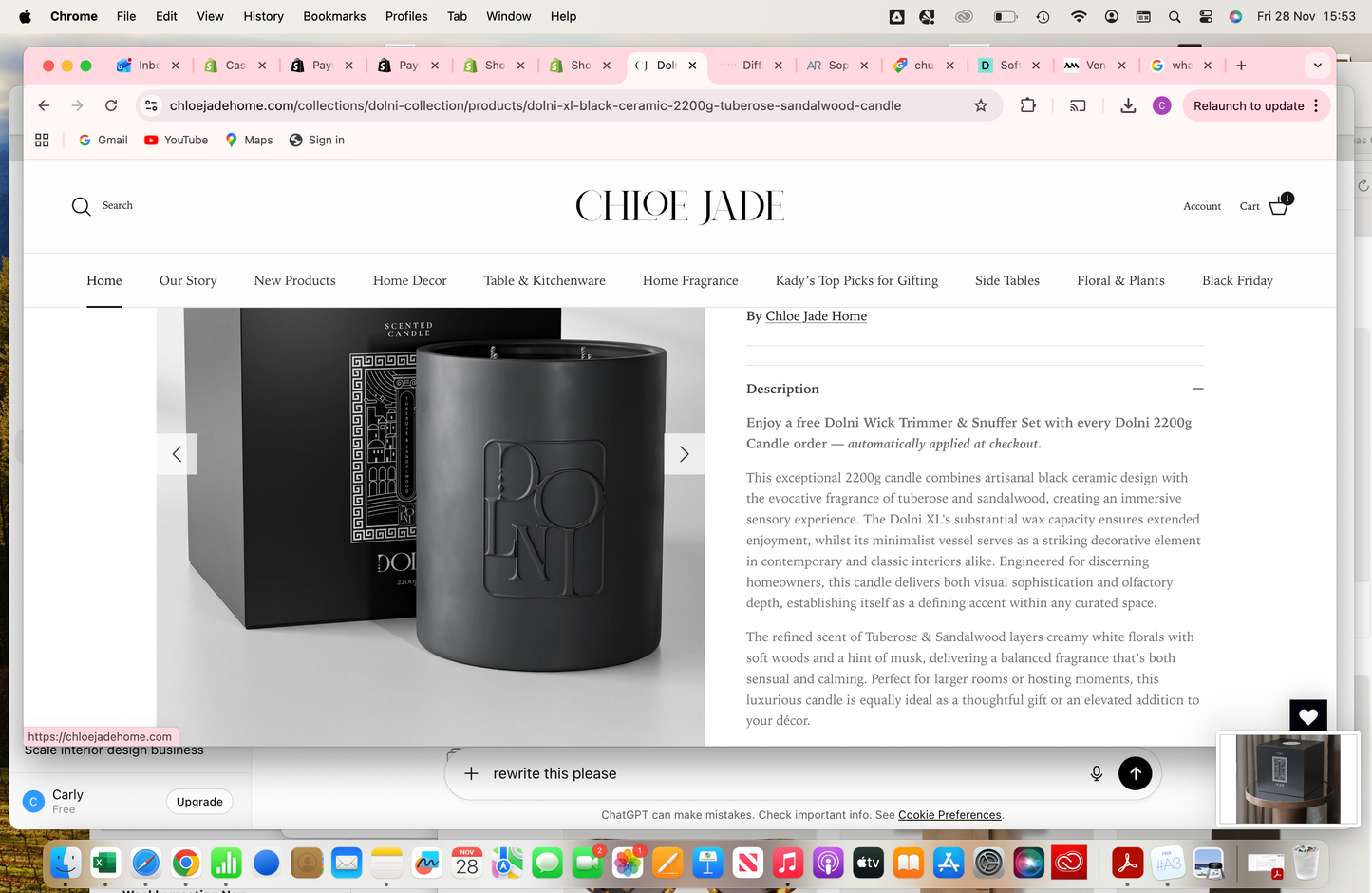 Dolni XL Black Ceramic 2200g Tuberose & Sandalwood Candle