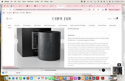 Dolni XL Black Ceramic 2200g Tuberose & Sandalwood Candle