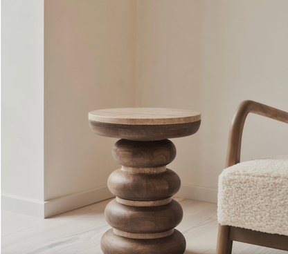 Belgravia  Beige Travertine Round Warm Wood Premium Side Table