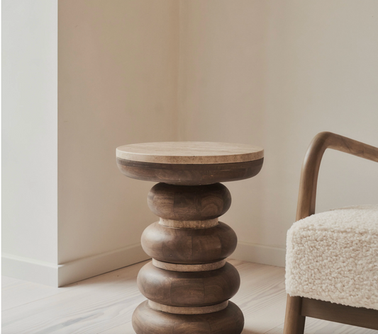 Belgravia  Beige Travertine Round Warm Wood Premium Side Table