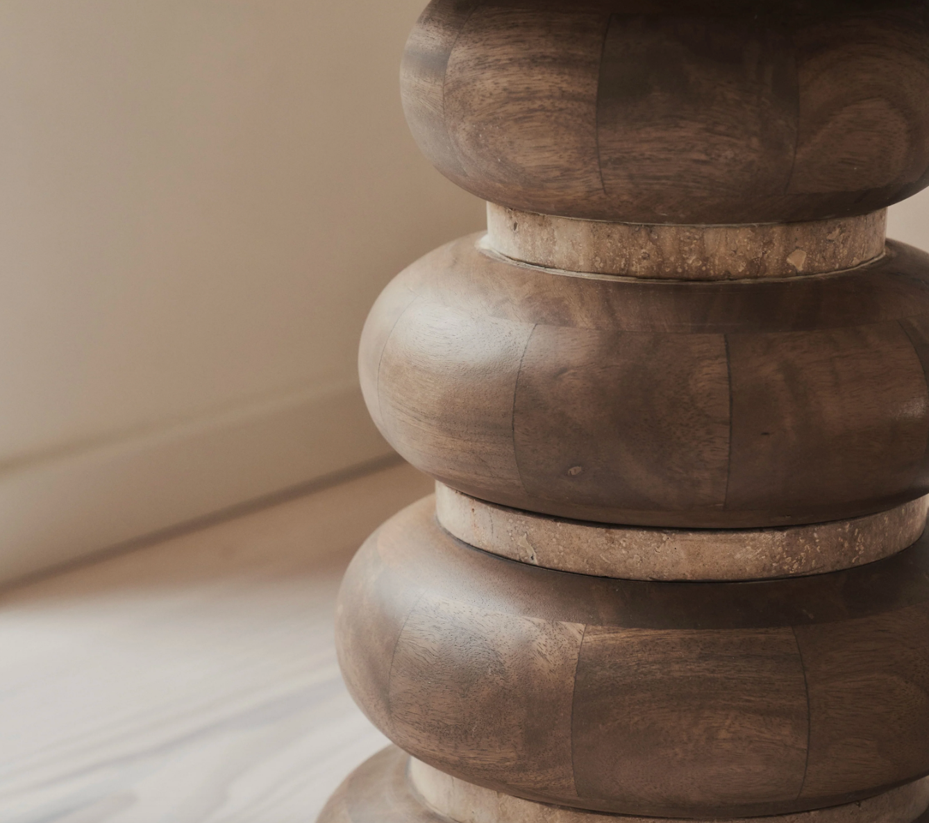 Belgravia  Beige Travertine Round Warm Wood Premium Side Table