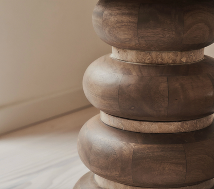 Belgravia  Beige Travertine Round Warm Wood Premium Side Table