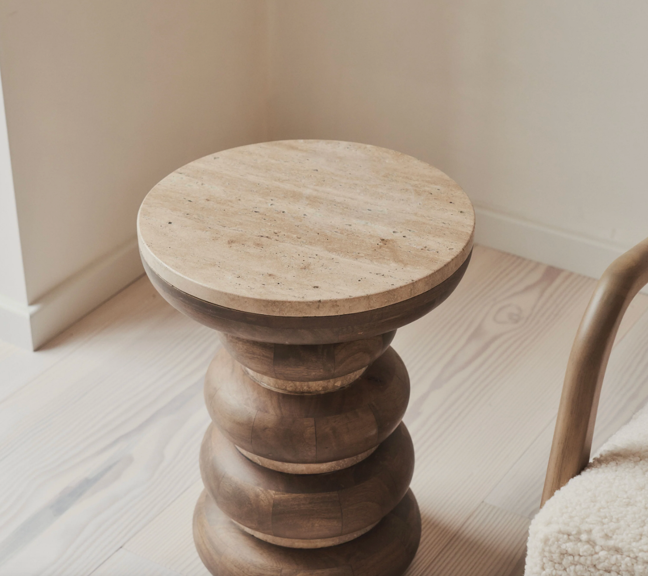 Belgravia  Beige Travertine Round Warm Wood Premium Side Table