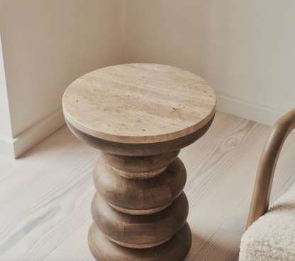 Belgravia  Beige Travertine Round Warm Wood Premium Side Table