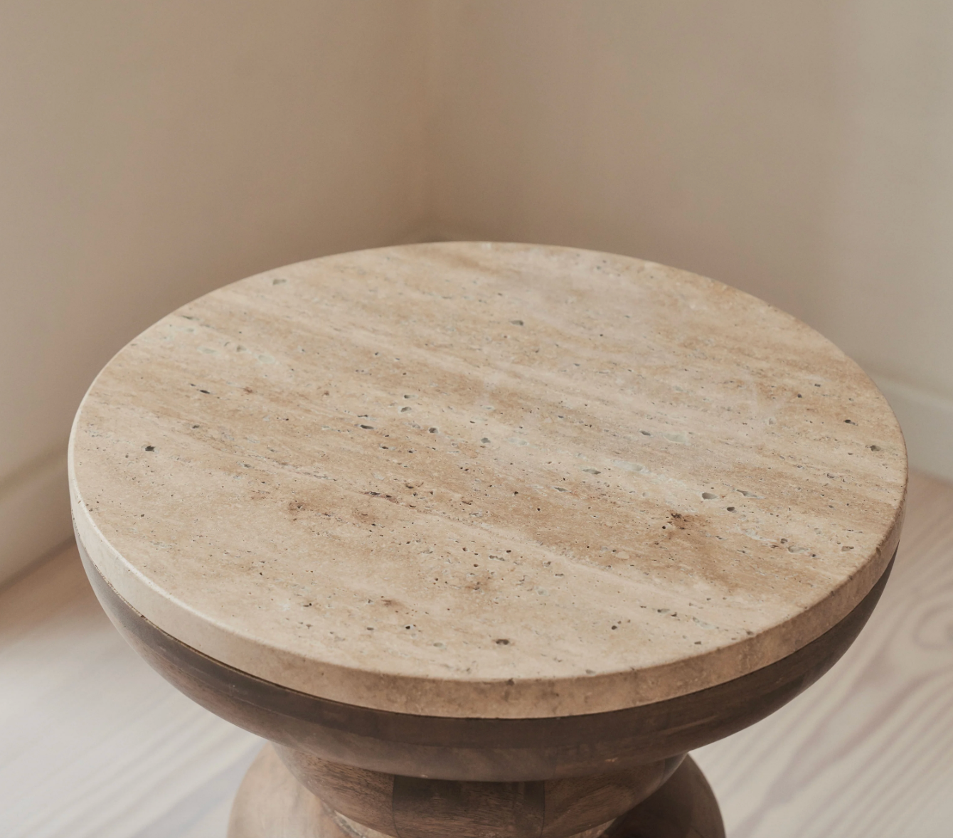 Belgravia  Beige Travertine Round Warm Wood Premium Side Table