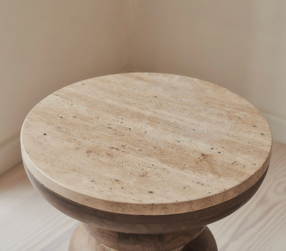 Belgravia  Beige Travertine Round Warm Wood Premium Side Table