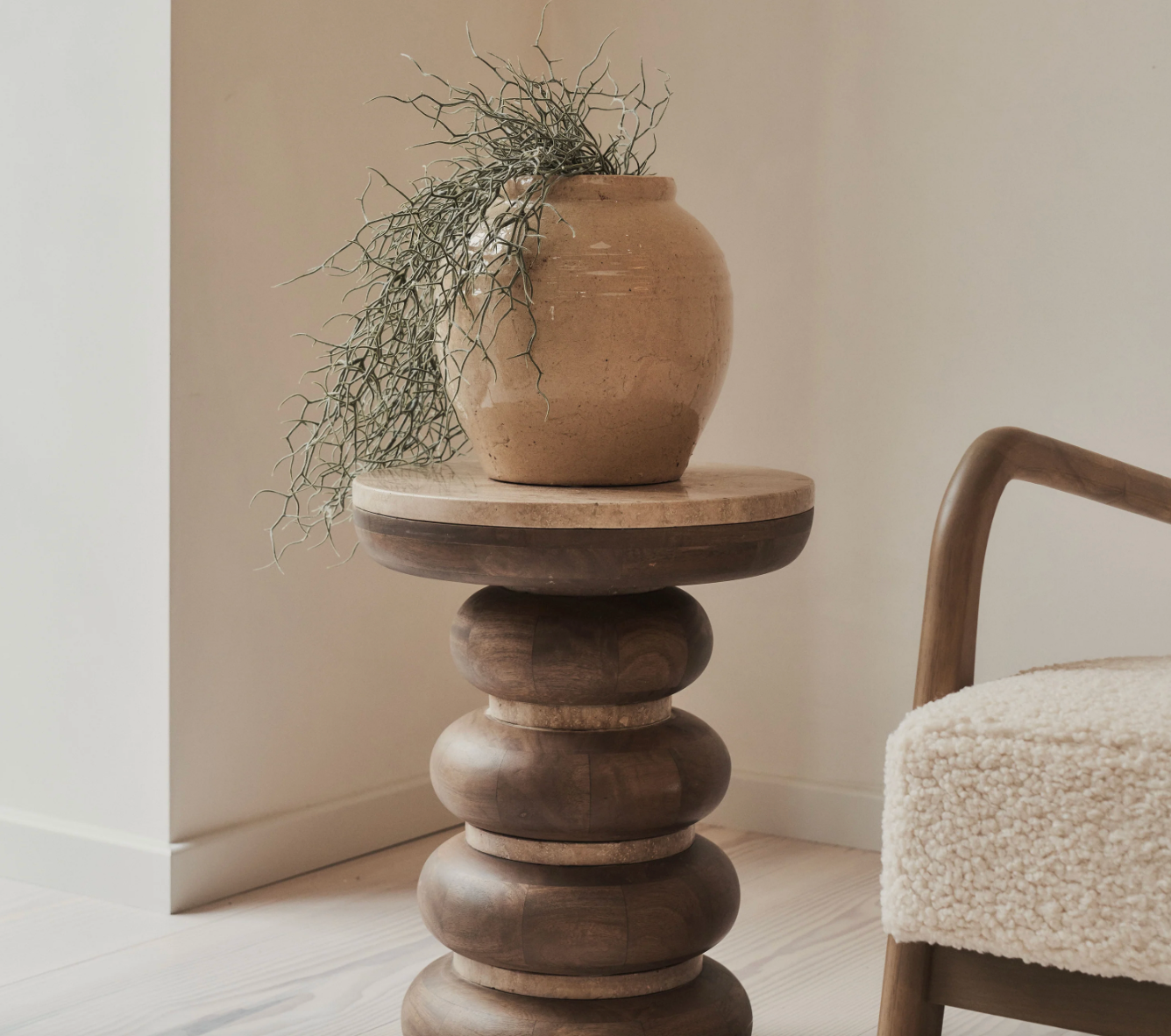 Belgravia  Beige Travertine Round Warm Wood Premium Side Table