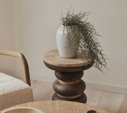 Belgravia  Beige Travertine Round Warm Wood Premium Side Table