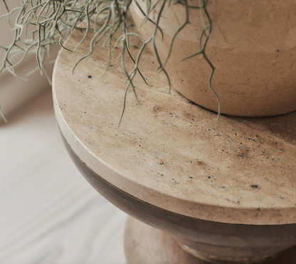 Belgravia  Beige Travertine Round Warm Wood Premium Side Table