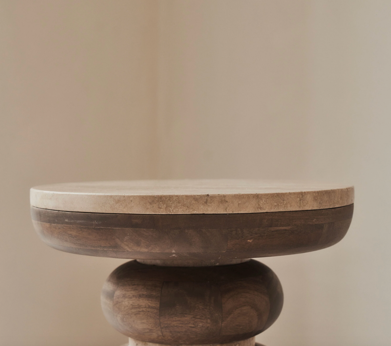Belgravia  Beige Travertine Round Warm Wood Premium Side Table