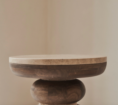 Belgravia  Beige Travertine Round Warm Wood Premium Side Table