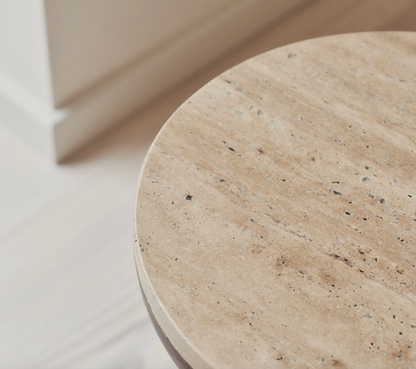 Belgravia  Beige Travertine Round Warm Wood Premium Side Table